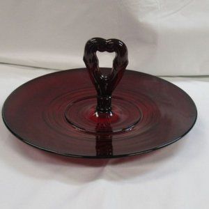 Paden City Glass Ruby Red PENNY LINE 10 1/4 Inch Center Handled Server Tray